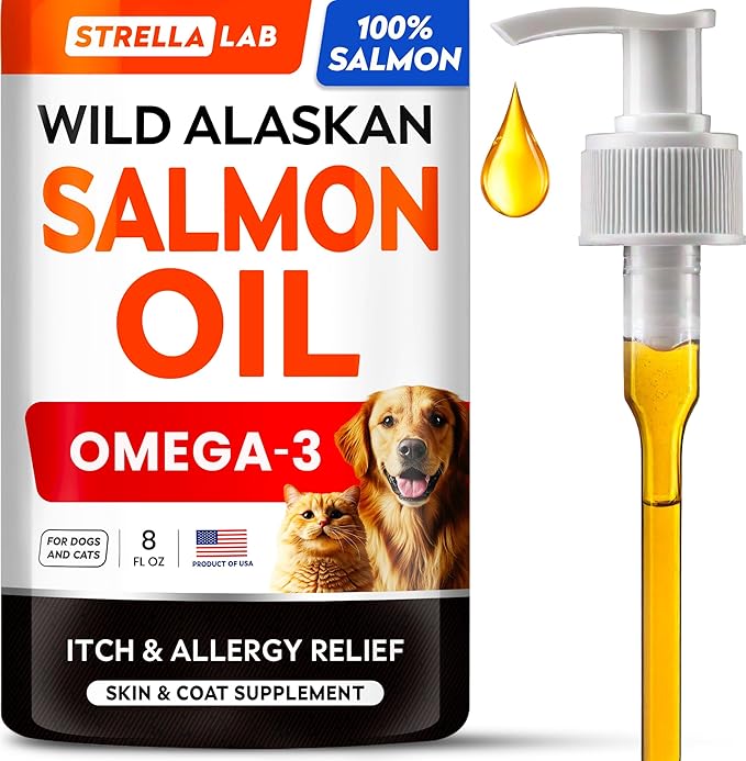 StrellaLab Wild Alaskan Salmon Oil for Dogs - Natural Omega 3 for Dogs & Cats, Itch & Allergy Relief, Skin & Coat Support - Fish Oil Liquid, EPA+DHA Fatty Acids for Hip&Joint, Immune&Heart Health 8 Oz