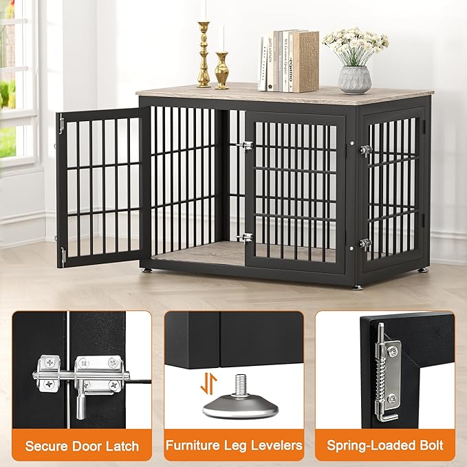 38 Inch Heavy Duty Dog Crate Furniture for Large and Medium Dogs, Decorative Pet House End Table, Wooden Cage Kennel Furniture Indoor, Grey