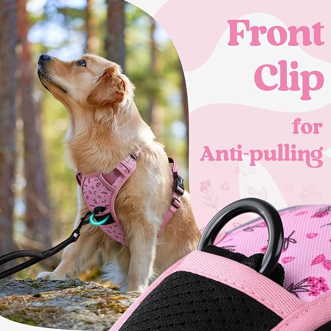 rabbitgoo Dog Harness for Large, No Pull Pet Harness with 3 Buckles, Adjustable Soft Padded Vest with Control Handle, Walking Reflective Pet Vest for Extra Large Dogs, Floral Pink, XL