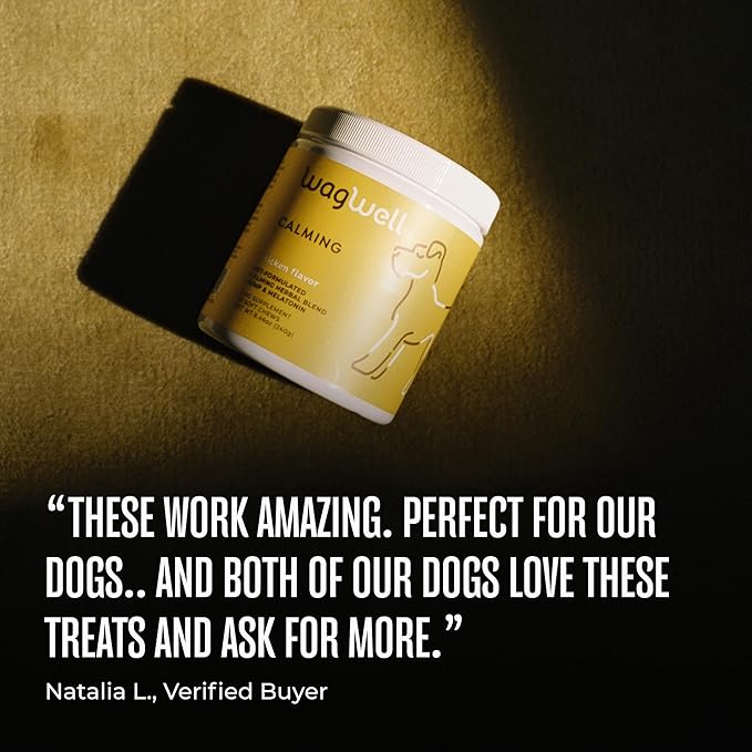 WagWell Dog Calming Chews – Vet-formulated, All Natural, Made in The USA – Anxiety Relief for Dogs, Supports Emotional Balance in Stressful Situations – Chicken-Flavored, 60 Chews