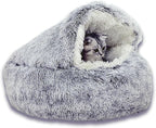 Cat Cave Bed Round Plush Fluffy Hooded Cat Bed Cozy Cats beds Cushion Sofa for Small Dogs Pet Beds Doughnut Calm Anti-nxiety Dog Bed - Waterproof Bottom Washable