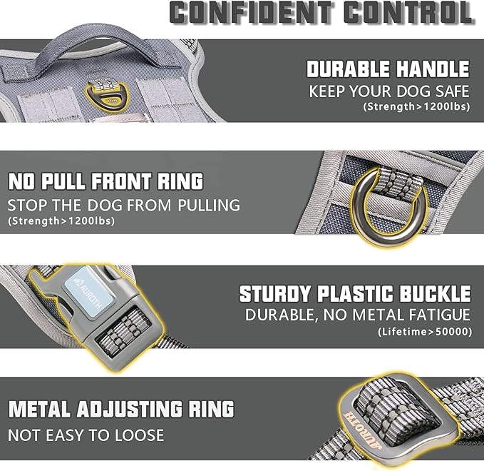 Auroth Tactical Dog Harness for Large Dogs No Pull Adjustable Pet Harness Reflective K9 Working Training Easy Control Pet Vest Military Service Dog Harnesses Grey L