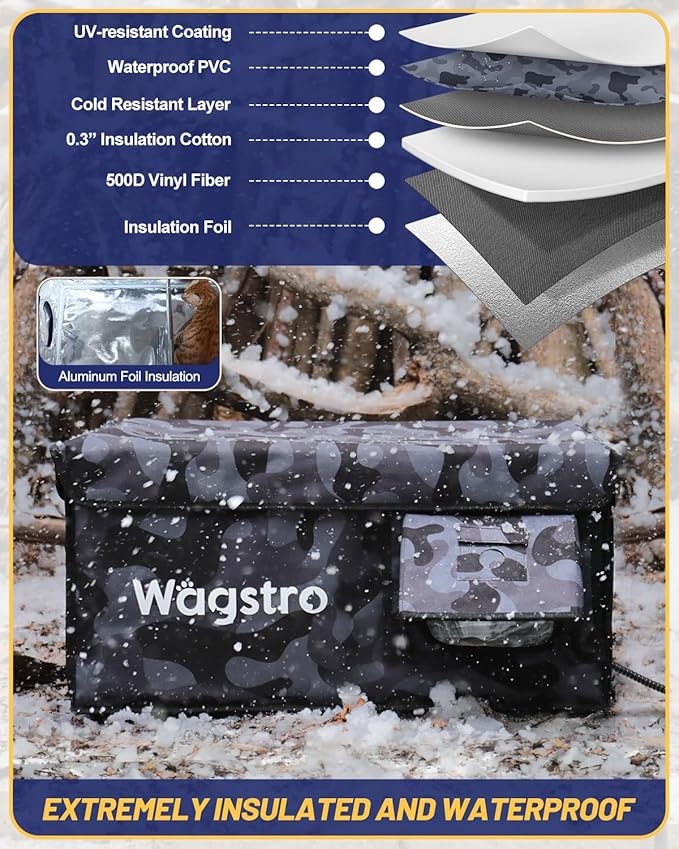 Heated Cat House for Outside, Waterproof Awning & Escape Door Heated Cat Houses for Indoor/Outdoor Cats in Winter, Elevated & Insulated Outdoor Cat Shelter for Feral Cat(Black Camo, 16.5"x12.6"x12.6")