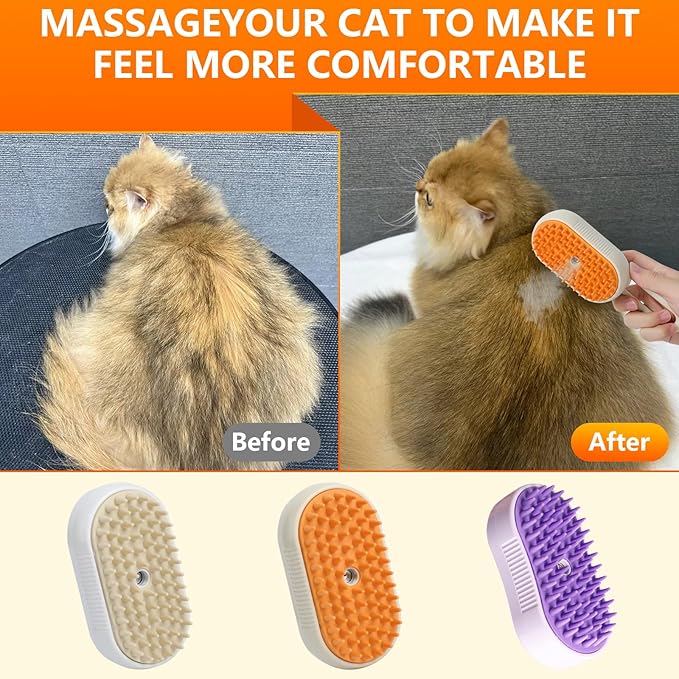 4-in-1 Cat Grooming Steam Brush, Pet Hair Shedding, Massage, Cleaning, Combing (brown)