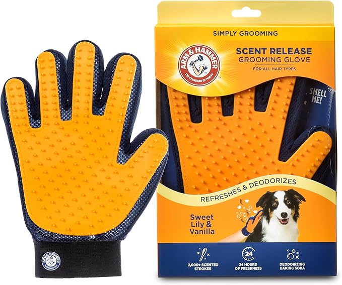 Arm & Hammer “Simply Calm” Dog Grooming Deodorizing Glove with Fragrance Transfer Technology –Scented Silicone Hand Brush for Bathing & Shedding, Sweet Lily & Vanilla Scent