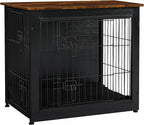 DWANTON Dog Crate Furniture with Cushion, Wooden Kennel Table with Double Doors, Indoor Dog House, Small/Medium/Large Size, 27.2" L, Black+Rustic Brown