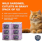 Wet Cat Food Canned Sardines Cutlets in Gravy, Every Catch is Mercury-Tested, Moist Can Fish for Cats, Grain-Free, Protein, Non-GMO, Pack of 12