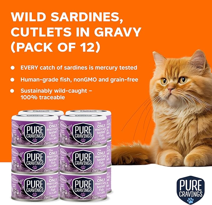Wet Cat Food Canned Sardines Cutlets in Gravy, Every Catch is Mercury-Tested, Moist Can Fish for Cats, Grain-Free, Protein, Non-GMO, Pack of 12