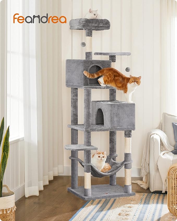 Feandrea Cat Tree, 75.2-Inch Cat Tower for Indoor Cats, Plush Multi-Level Cat Condo with 5 Scratching Posts, 2 Perches, 2 Caves, Hammock, 2 Pompoms, Light Gray UPCT191W01