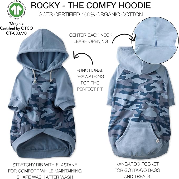 Rocky – The Orginal Lightweight Hooded TEE 100% Organic Cotton Dog Hoodie Pet Coat Sweater for Small, Medium, Large Dogs, Navy Half Camo, Large