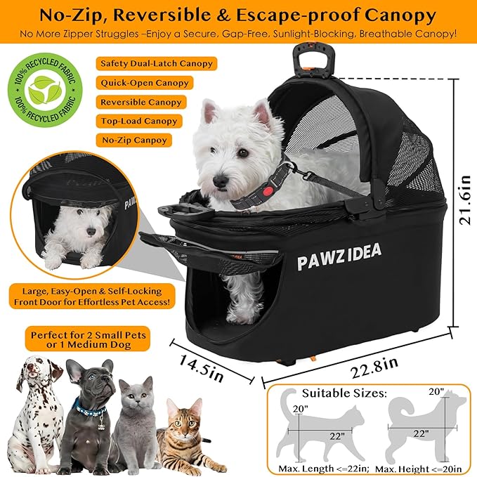 PAWZIDEA Pet Stroller 4 in 1, Dog Strollers for Small/Medium Dogs/Cats with Detachable Carrier NO-Zip Canopy, Seatbelt Puppy Car Seat Combo, Foldable & Lightweight Jogger Cat Strollers, Storage Basket