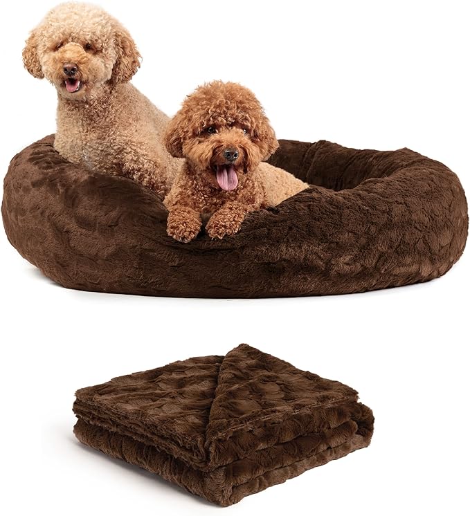 Best Friends by Sheri Bundle Set The Original Calming Lux Donut Cuddler Cat and Dog Bed + Pet Throw Blanket Dark Chocolate Large 36" x 36"