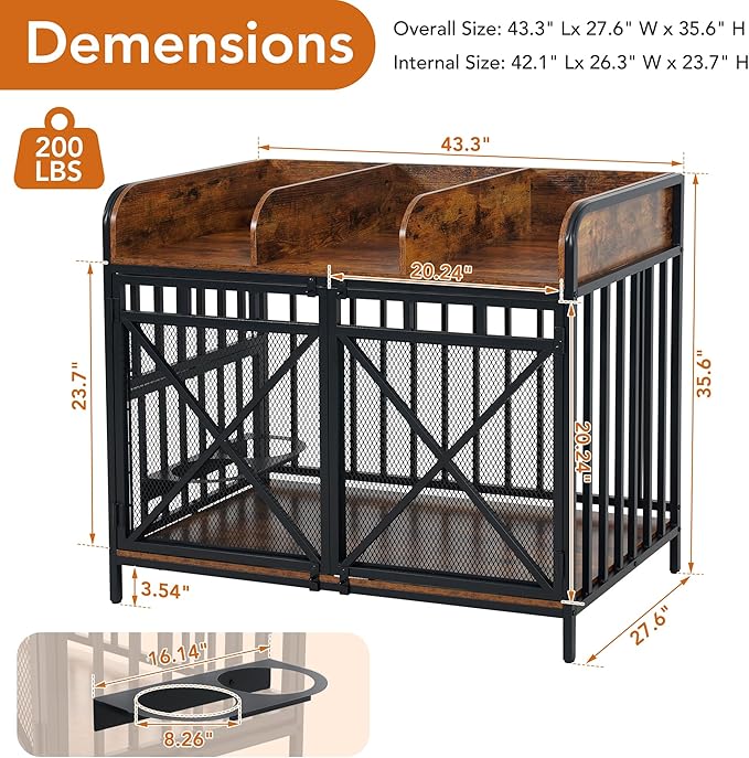 48" Large Dog Crate Furniture – XL Wooden Kennel with 360° Swivel Base & Chew-Proof Mesh, Convertible End Table Design – Extra Large Dog Crate for Medium & Large Dogs (Brown)