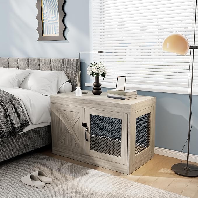 Xilingol Corner Dog Crate Furniture with Double Doors, 36 Inch Wooden Dog Kennel End Table Indoor with Mesh, Cage/House for Small Medium Large Dog, Decorative Pet Crate Indoor Use, Grey