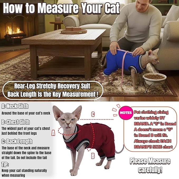 T'CHAQUE Cat Clothes Surgery Recovery Suit for Female Male, Cat Onesie Pet Surgical Pajamas Long Sleeve, Abdominal Wound Healing, E-Collar Alternative, Spay/Neuter Recovery Garment-Burgundy-S