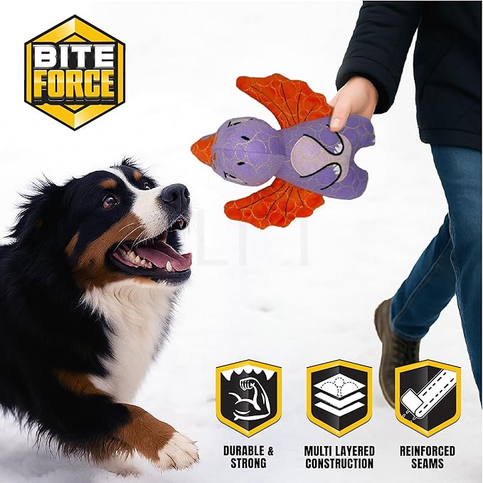 Bite Force - Durable & Strong Dog Toy Purple Dino with Squeaker, Kevlar-Reinforced for Aggressive chewers.