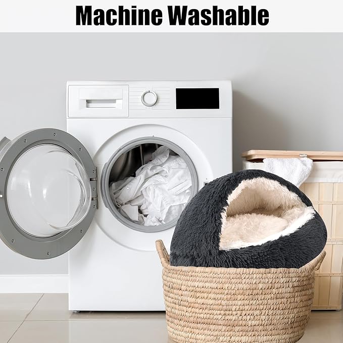 HYQ Dog Bed for Small Dogs, Cozy Cat Cave Bed, Cat Beds for Indoor Cats Washable, Non-Slip Cat Beds, Calming Dog Bed with Hooded Cover, Dog Bed with Cover for Small Medium Pets(Dark Grey, 24×24 Inch)