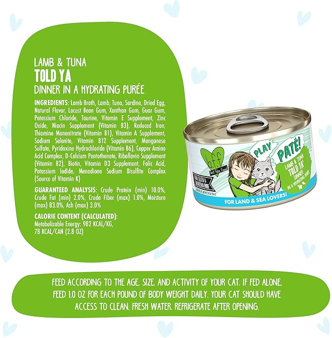 Weruva B.F.F. Play - Best Feline Friend Paté Lovers, Aw Yeah!, Lamb & Tuna Told Ya' with Lamb & Tuna, 2.8oz Can (Pack of 12)