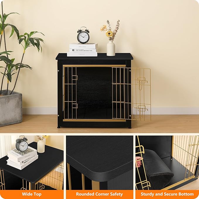 DWANTON Dog Crate Furniture with Cushion, Wooden Kennel Table with Double Doors, Indoor Dog House, Small/Medium/Large Size, 27.2" L, Black+Gold