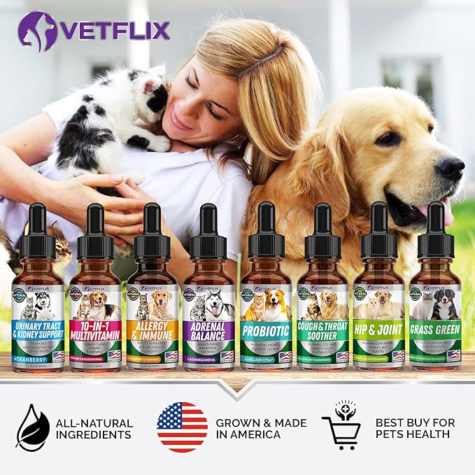 10-in-1 Pet Vitamins for Dogs & Cats - Made in USA - Glucosamine & Multivitamin Supplement - Joint, Immune & Skin Health Support - All Ages & Breeds - 2 Fl Oz