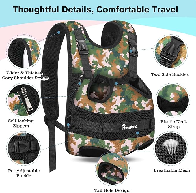 Pawaboo Pet Dog Front Carrier Backpacks, Legs Out Pet Carrier Backpack for Dogs, Adjustable Easy-fit Dog Chest Carriers for Small Medium Dogs Hands Free for Travel Hiking Cycling Camping, L, Camo