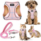 GAMUDA Small Dog Harness Collar and Leash Set, Step in No Chock No Pull Soft Mesh Adjustable Dog Vest Harnesses Plaid Reflective for Dogs Puppy Cats Kitten Rabbit (Pink, S)