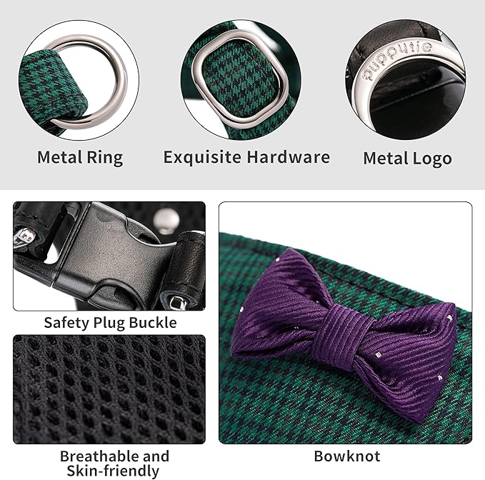 Puppytie No Pull Small Dog Harness with Multifunction Dog Leash,Lightweight Soft Adjustable No Choke Escape Proof Pet Harness Vest Pet Harness Vest,Plaid Green,S