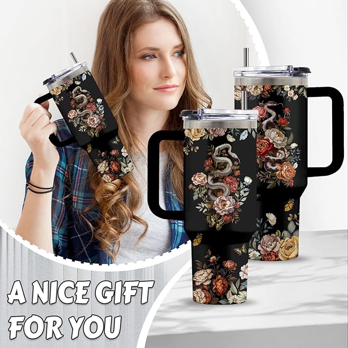 Goth Gifts for Women, 40 Oz Flower of Darkness Tumbler with Handle & Straw, Goth Water Bottle, Birthday Gift for Goths Lover Snake Lovers, Stainless Steel Goths Tumbler, Gifts for Fathers Day