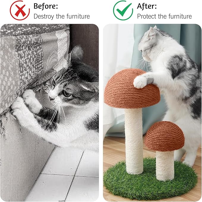 BNOSDM Mushroom Cat Scratching Post, Cat Scratcher with 2 Sisal Poles 12 Pcs Cat Toys and Hanging Ball, Pet Interactive Toy Scratch Post for Indoor Kitten Kitty Small Cats (Coffee)