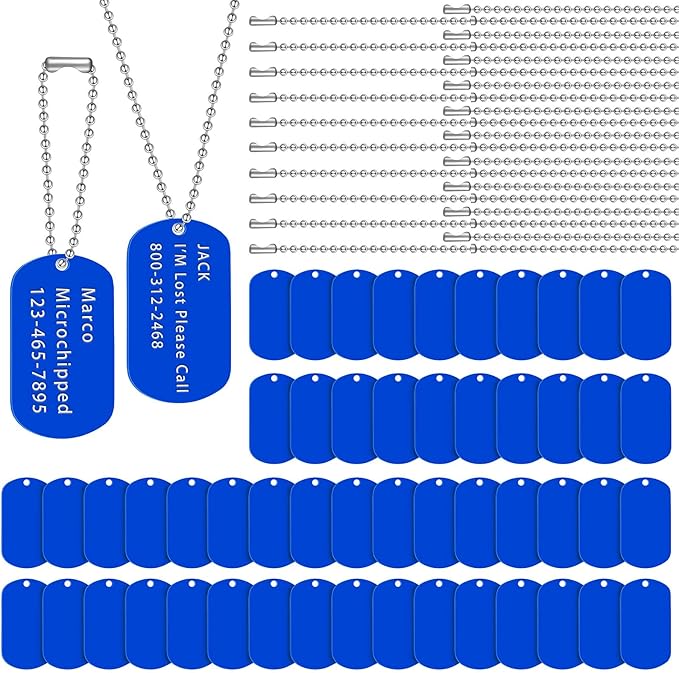Yinkin 200 Pcs Personalized Military Dog Tags Set Including 100 Pcs Aluminum Blank Dog Tags for Engraving 100 Ball Steel Chain Rectangle Metal Blank Stamping Label for DIY Craft(Blue)