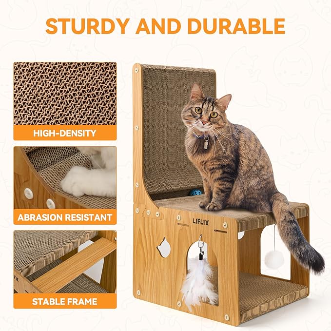 L-Shaped Double-Layer cat Scratching Board, Cardboard cat Scratching Post with Toys, Cat Scratcher & Hideaway for Indoor Cats to Scratch, Rest and Play