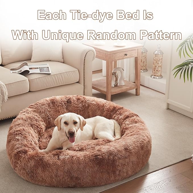 45 inches Donut Dog Bed for Extra Large Dogs,Calming Fluffy Round Jumbo Pet Bed with Removable & Washable Cover, Fits up to 150 lbs Pets (Tie-dye Brown,XL)