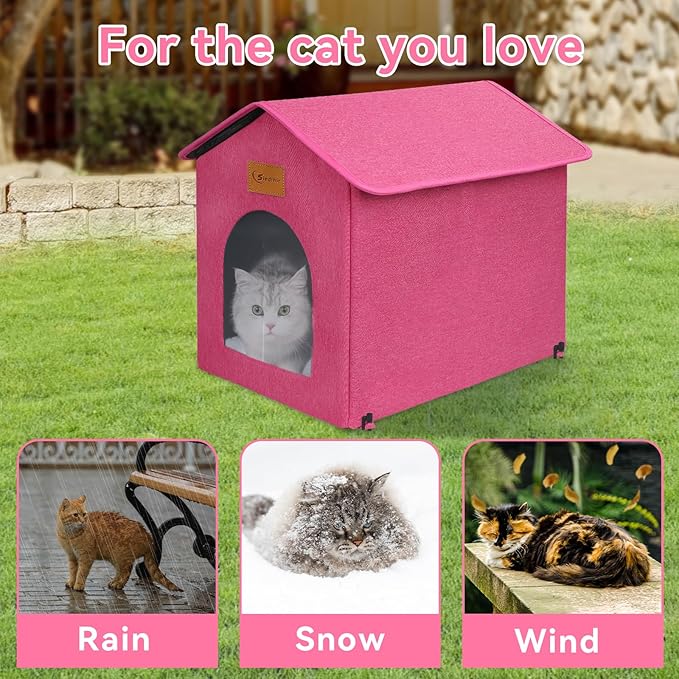 Outdoor Cat House for Shelter Feral Cat, Outside Waterproof Cat House for Outdoor/Indoor Cats, Insulated Cat Bed for All Seasons with Cozy Cushion (Rose Pink, Zip Style)