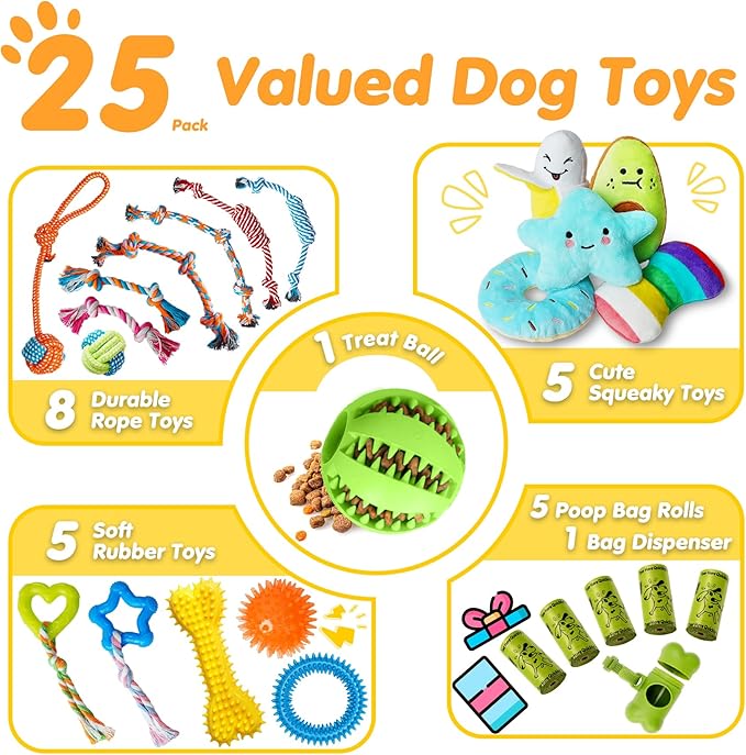 Zeaxuie 25 Pack Luxury Dog Chew Toys for Puppy, Dog Toys with Ropes, Treat Ball and Squeaky Puppy Toys for Teething Small Dogs
