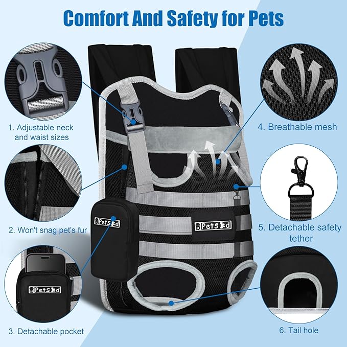 Petskd Dog Front Carrier Backpack for Small Pet with Adjustable Cross Shoulder Straps, Hands Free Puppy Legs Out Chest Carriers for Hiking, Cycling, Vet (Black, M)