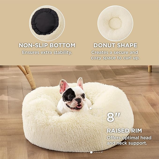 Bedsure Calming Dog Bed for Small Medium Dogs - Donut Washable Medium Pet Bed, 27 inches Anti-Slip Round Fluffy Plush Faux Fur Cat Bed, Cream