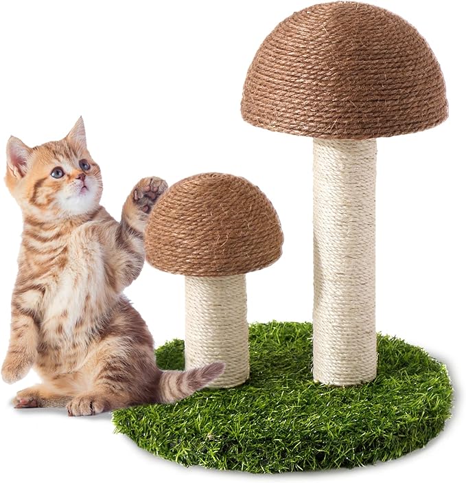 Cat Scratching Post - Mushroom Cat Scratcher Featuring with Natural Sisal Caps Scratch Pole and Sturdy Base for Kittens & Small Cats - Brown
