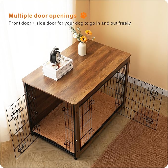 DWANTON Dog Crate Furniture with Cushion, Wooden Kennel Table with Double Doors, Indoor Dog House, Large Size, 38.5" L, Warm Brown