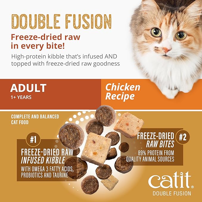 Catit Recipes Double Fusion Adult Cat Food – Chicken Recipe, High-Protein, Freeze-Dried Raw Toppings, No by-Products, Minimally Processed for Optimal Nutrition, 10 lb