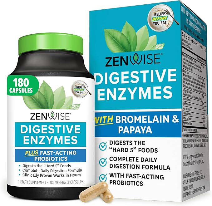 Zenwise Health Digestive Enzymes for Gut Health & Bloating Relief - Multi Enzymes Digestion Supplement with Probiotics, Bromelain & Papaya for Digestive Health Support - Men & Women - 180 Count