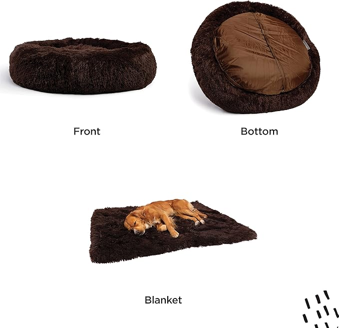 Best Friends by Sheri Bundle Set The Original Calming Shag Donut Cuddler Cat and Dog Bed + Pet Throw Blanket Dark Chocolate Small 23" x 23"