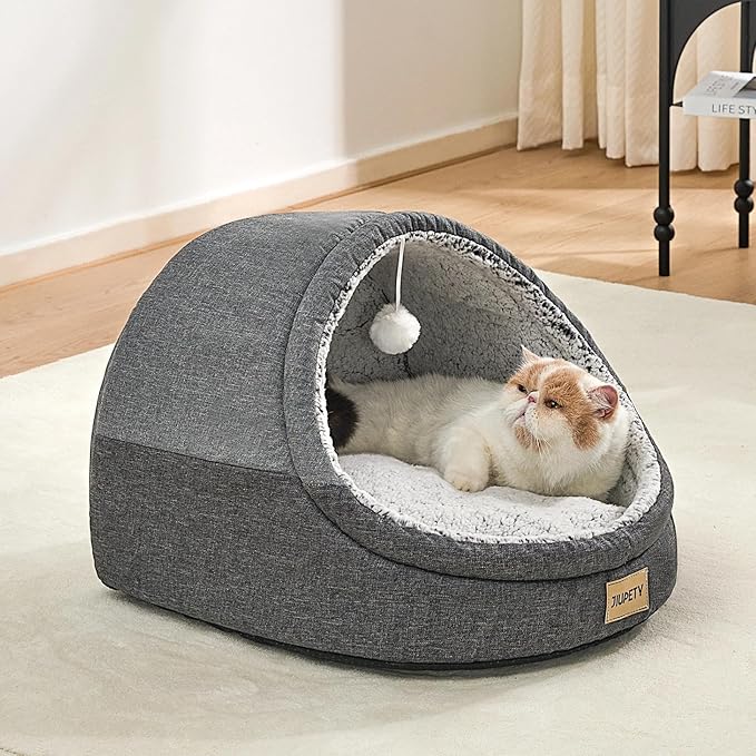 Jiupety Cute Cat Beds for Indoor Cats, Cat Cave Bed and Kitten Bed, Burrowing Cat Bed & Puppy Bed with Anti-Slip Bottom, Washable Removable Cushion, L(19"x17"x16"), Dark Gray.