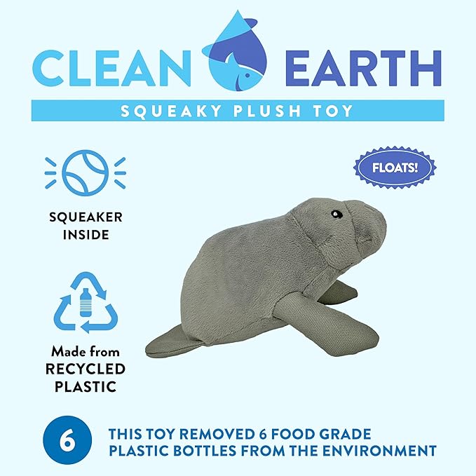 Spunky pup Clean Earth Plush Dog Toy with Squeaker - Recycled, Eco-Friendly, Floats for Beach, Lake, Pool - Manatee, Small