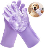 Pet Grooming Gloves，Heat-Resistant Silicone Gloves with High-Density Teeth for Enhanced Massaging and Bathing of Dogs and Cats (Purple, 1 Pair)