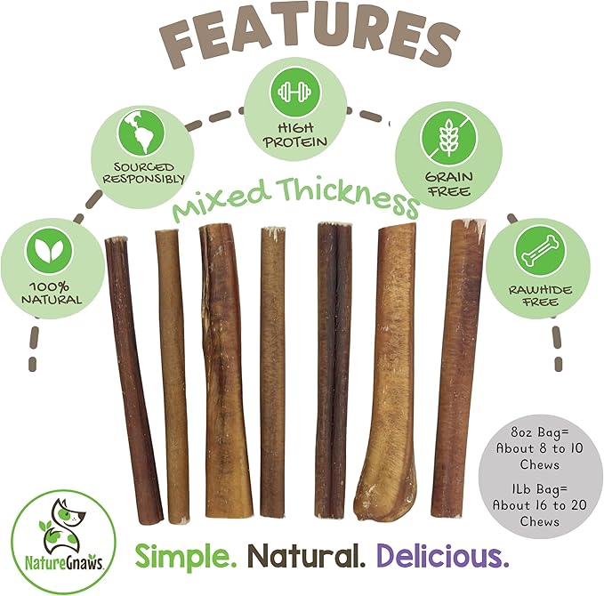 Nature Gnaws Bully Sticks for Dogs 5-6" (8oz) - Mixed Thickness - Long Lasting for Aggressive Chewers and Large Dogs - Natural Beef Dog Chew Bones