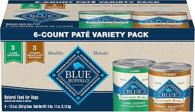 Blue Buffalo Homestyle Recipe Adult Wet Dog Food, Made with Natural Ingredients, Turkey and Lamb Dinner Variety Pack, 12.5-oz Cans (6 Count, 3 of Each)