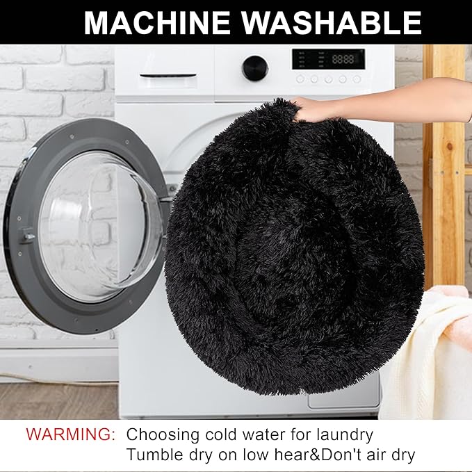Dog Calming Beds for Medium Large Dogs - Round Donut Washable Puppy Dog Bed, Anti-Slip Faux Fur Fluffy Donut Cuddle Anxiety Cat Pet Bed(28'' Black)