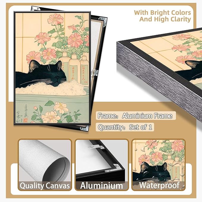 Relaxation Japanese Poster Print Cute Black Cat Wall Art Decor Bathtub Pink Flowers and Green Leaves Picture Canvas Minimalist Japan Artwork for Bathroom Bedroom Toilet 16x24inch Metal Black Frame
