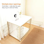 DWANTON Dog Crate Furniture with Cushion, Wooden Kennel Table with Double Doors, Indoor Dog House, Extra Large Size, 43.3" L, White+Gold