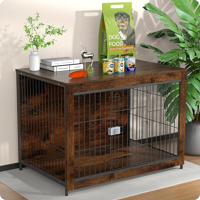 Dog Crate Furniture, Wooden Dog Crate 38in, Decorative Cage with End Table for Dog Indoor Kennel, High Anxiety Dog, Escape-Proof Locks for All Breeds